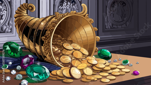 An artistic representation of a golden cornucopia overflowing with shiny coins and sparkling gems, creating a luxurious and opulent feel.