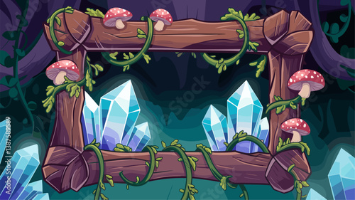 A whimsical forest scene featuring a wooden frame adorned with vibrant mushrooms and sparkling crystals, ideal for fantasy designs.