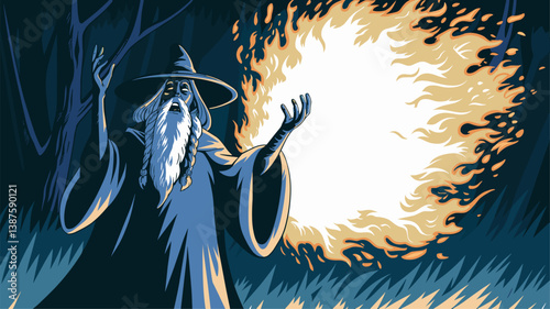 A captivating illustration of a wizard in a dark forest, conjuring flames with powerful gestures. Perfect for fantasy themes.
