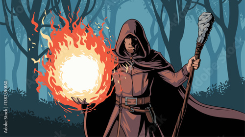 A powerful sorcerer in a dark hooded cloak conjuring a blazing fireball. Set against a mysterious forest background, perfect for fantasy themes.