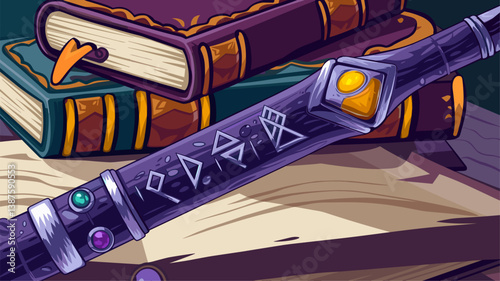 Explore the enchanting details of a mystical staff adorned with gems and ancient symbols, set against a backdrop of weathered books.