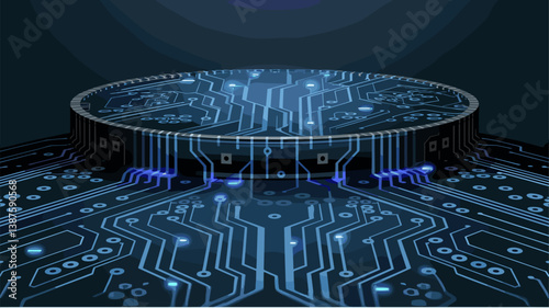A close-up view of an abstract circuit board featuring intricate lines and glowing lights, evoking a sense of advanced technology and innovation.