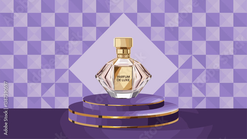 A stylish perfume bottle labeled 'Parfum de Luxe' elegantly showcased on a geometric pedestal against a chic purple backdrop.