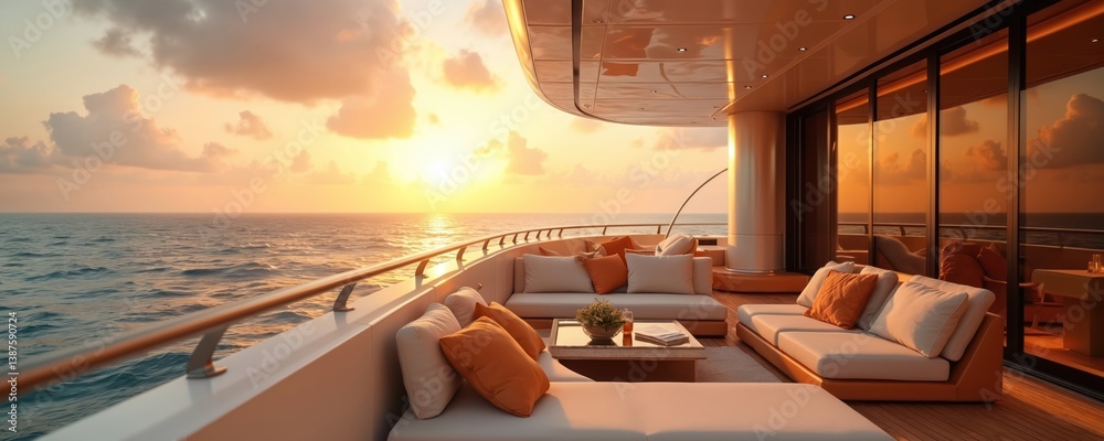 Luxury yacht sunset view, Miami. Elite people relaxing on deck, enjoying opulent lifestyle. Elegant yachting, ocean vacation at sunset. Glamourous travel, ambition, success, money, power. Beautiful