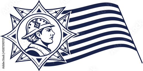 Vintage Firefighter Vector Illustration with American Flag and Star Emblem