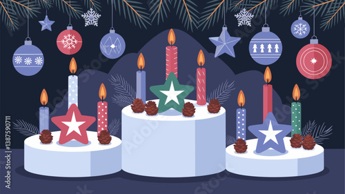 A beautifully arranged festive centerpiece featuring colorful candles, star decorations, and pinecones, perfect for holiday gatherings.