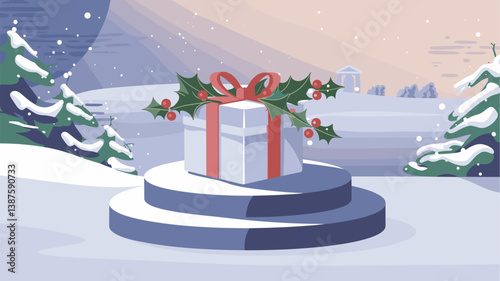 A beautifully wrapped Christmas gift adorned with holly and a red ribbon, set in a serene winter landscape with snowy trees.