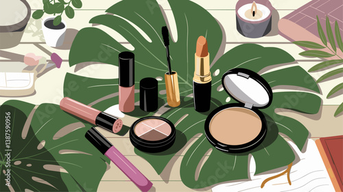 An aesthetically pleasing flat lay of makeup products, including lipstick, mascara, and powder, displayed on lush green leaves.