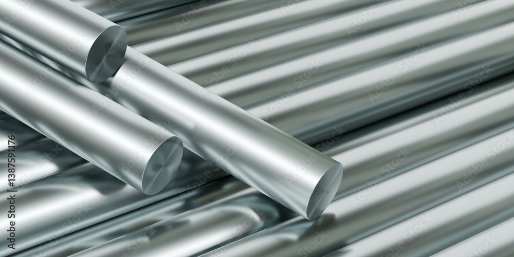 Steel rods or bars stcekd with three on top close up view, construction or manufacturing concept Steel rods or bars stcekd with three on top close up view, construction or manufacturing concept