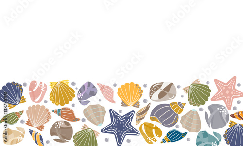 Colorful sea shells and starfish on a white background with empty space for text. Fun summer marine border design. For kids, cards, invitations, banners, seasonal decoration