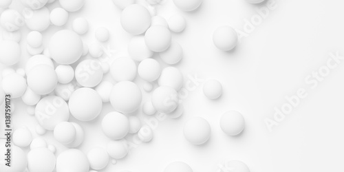 Heap of different scaled white spheres or balls geometrical background wallpaper banner pattern flat lay from above, fading out with copy space