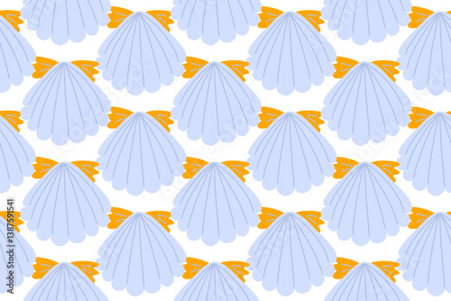 Seamless pattern with blue scallop shells and orange details. Simple and stylish marine design. Perfect for textiles, wallpapers, packaging, and summer-themed projects