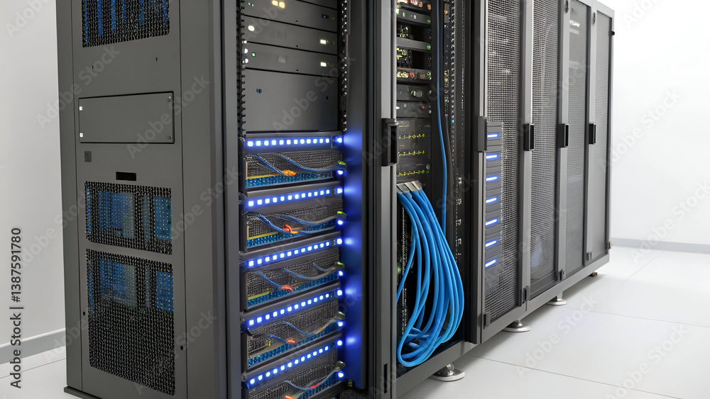 Rows of server racks in a data center, illuminated with blue lights and organized cabling. Rows of server racks in a data center, illuminated with blue lights and organized cabling.