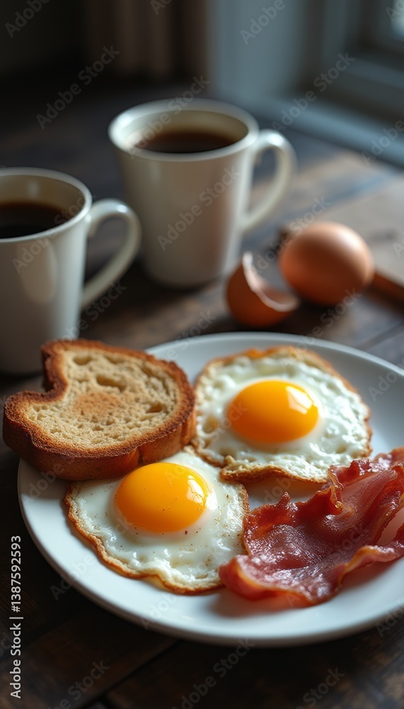 A mouthwatering breakfast scene showcases two perfectly cooked sunny-side-up eggs, crispy bacon, and a slice of toasted bread, all beautifully arranged on a white plate. The warm, inviting atmosphere A mouthwatering breakfast scene showcases two perfectly cooked sunny-side-up eggs, crispy bacon, and a slice of toasted bread, all beautifully arranged on a white plate. The warm, inviting atmosphere