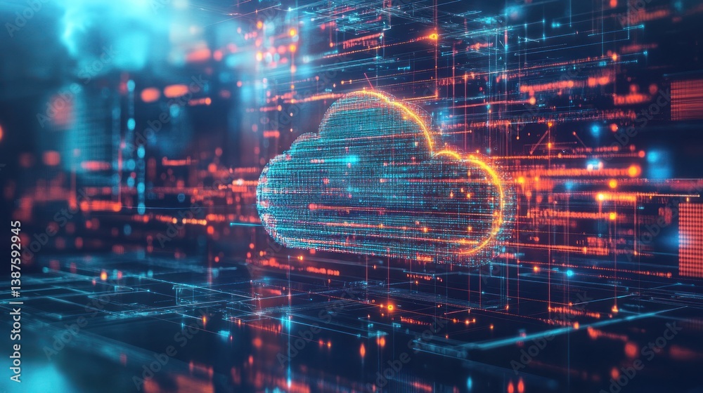 Futuristic digital cloud computing concept with data streams and circuits Futuristic digital cloud computing concept with data streams and circuits