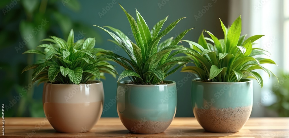 Obraz premium Lush indoor plants thrive in decorative pots. Green leaves bring nature indoors, enhancing home decor. Fresh foliage creates calm aesthetic, home gardening design, interior style, modern life.
