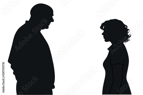 Minimalistic silhouette of a man and woman facing each other, stark contrast representing different perspectives or emotional tension