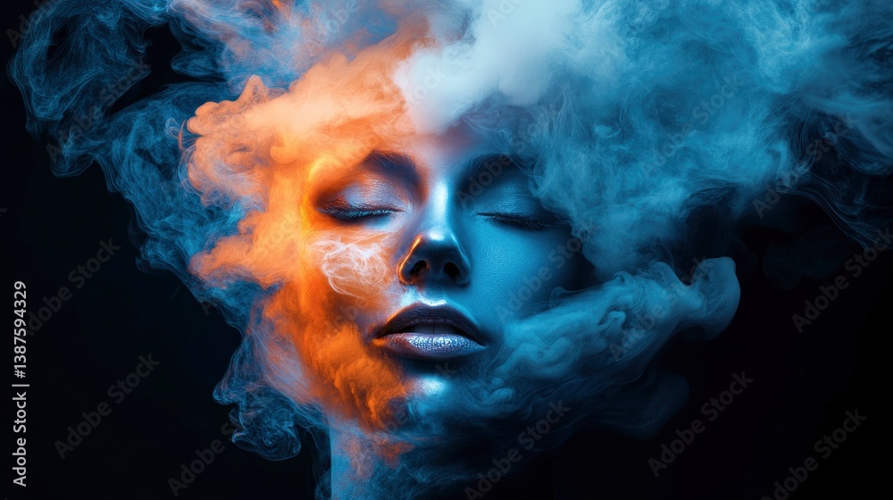 Woman Face Enveloped in Smoke with Eyes Closed and Dreamy Aura Woman Face Enveloped in Smoke with Eyes Closed and Dreamy Aura