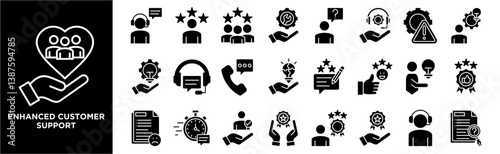 Enhanced customer support icon collection set. Containing design feedback,customer satisfaction,service,assistance,problem solving	