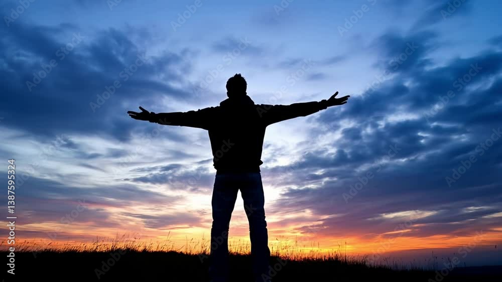 Silhouette of a man breaking chains with arms raised against a dramatic cloud sky at sunset, symbolizing freedom and emotional expression