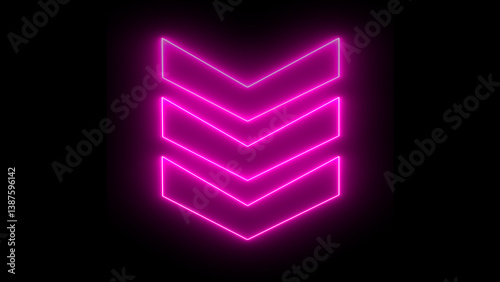 Glowing purple neon downward arrow direction icon. Abstract set of glowing neon arrows. up to down rendering