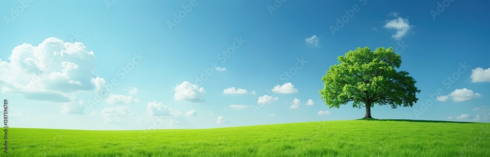 Fototapeta premium Lone tree on green field under blue sky with fluffy clouds. Serene nature, tranquil landscape, calm scenery. Eco-friendly and sustainable concept, environmental beauty.