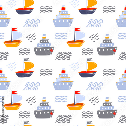 Ship and sailboat seamless nautical pattern. Cute and playful design for kids' textiles, wallpapers, wrapping paper, and marine-themed projects