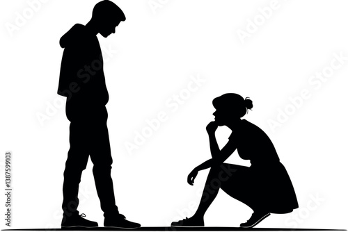 Quiet yet intense moment of non verbal communication between two individuals, portrayed in simple silhouette art