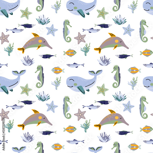 Hand-drawn whale, dolphin, fish, seahorse, starfish, and seaweed seamless marine pattern. For kids' fabrics, wallpapers, and creative designs.