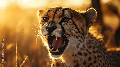 Lifelike closeup of roaring cheetah in golden sunlight, showcasing its fierce expression