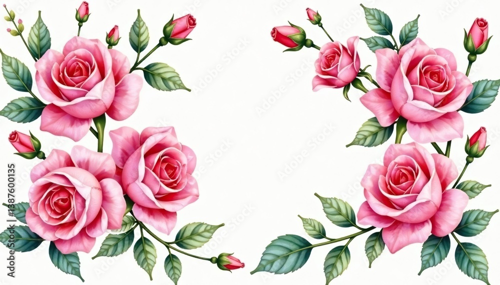 Naklejka premium Delicate watercolor roses, intertwined leaves & buds, background, design