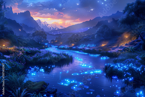 A serene fantasy valley filled with glowing bioluminescent plants and a gently flowing river under a starlit sky.