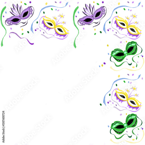 Mardi Gras carnival border, masks, hand drawn, great for invitations, posters, cards, etc.