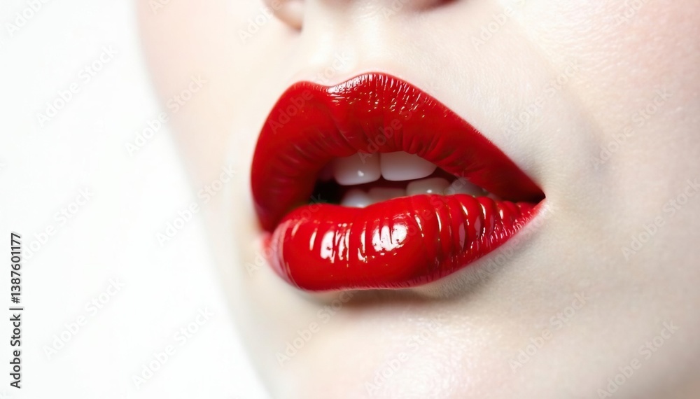 Obraz premium Bold crimson lips against pure white backdrop High-contrast, sharp focus , high contrast, lip color, clean