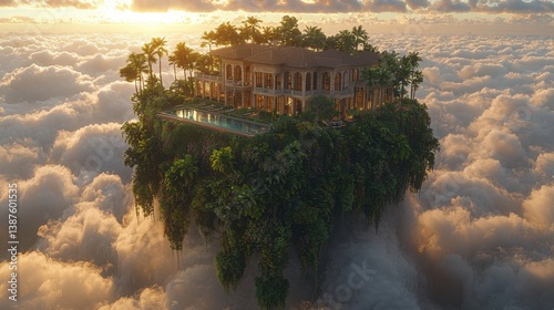 A surreal scene of a floating island, lush with tropical foliage, surrounded by a mystical mist, perched amidst the clouds in a vibrant sunset sky. 