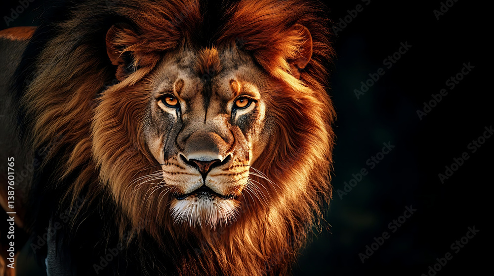 Fototapeta premium Majestic lion with vibrant mane and piercing eyes, exuding strength and power