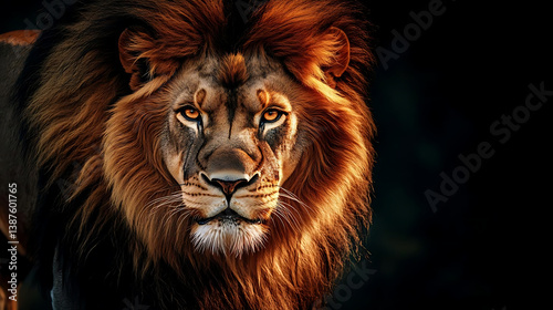 Majestic lion with vibrant mane and piercing eyes, exuding strength and power