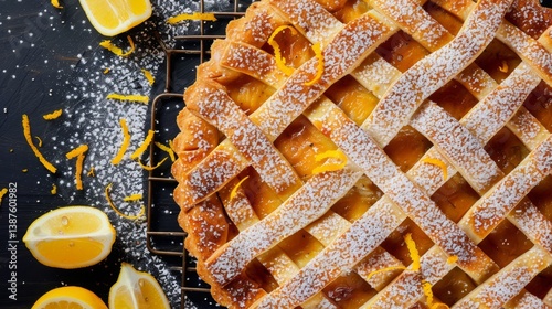 Top view of Spanish tarta de Santiago with powdered sugar cross pattern and lemon zest photo