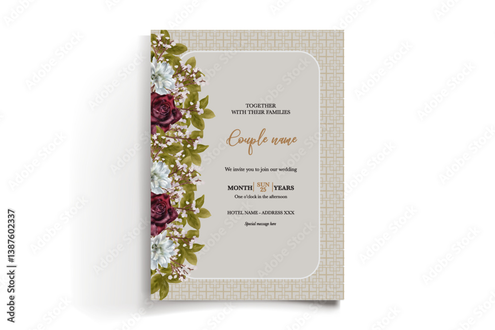 WEDDING INVITATION FRAME WITH FLOWER DECORATIONS AND FRESH LEAVES WEDDING INVITATION FRAME WITH FLOWER DECORATIONS AND FRESH LEAVES