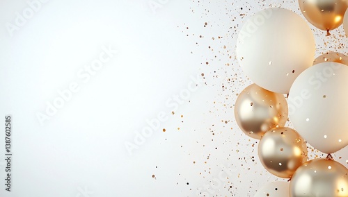 Elegant white and gold balloons with confetti. Perfect for celebrations, birthdays, or anniversaries.