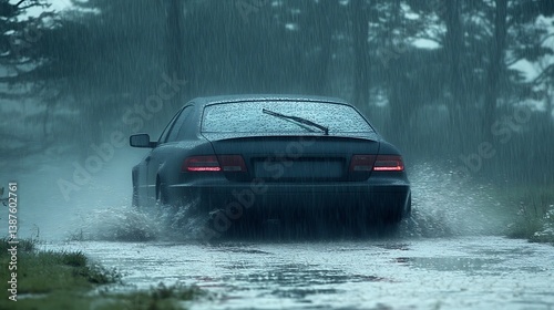 Car driving in heavy rain.
