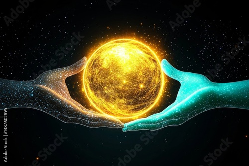 A business being physically handed from one person to another as a glowing golden orb