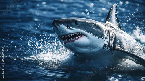 powerful great white shark breaches water, showcasing its sharp teeth and dynamic movement