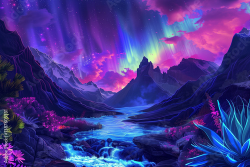 A vibrant fantasy valley with plants, a flowing river, and a sky filled with colorful auroras.
