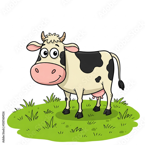 cow, cow in meadow, cow in grass, cow cartoon character, cow colored cartoon character