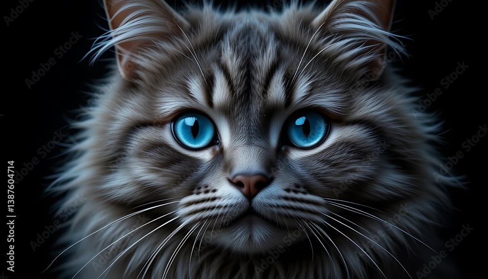 Fototapeta premium Close-up of a Fluffy Cat with Striking Blue Eyes on Black