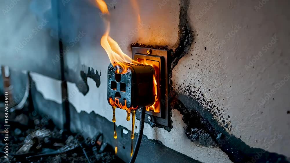 Electrical fire burning inside wall socket with melted wires and black smoke