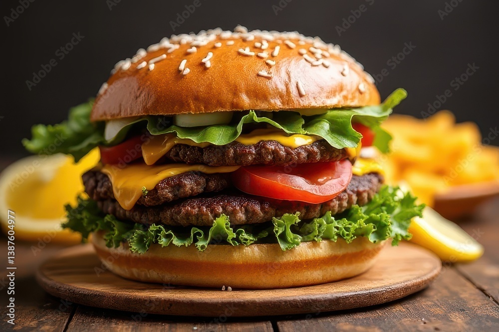 Juicy Double Cheeseburger with Fresh Toppings and Crispy Fries