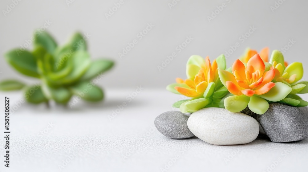 Fototapeta premium Two orange and green succulents rest on smooth gray and white stones. A blurred green succulent is in the background. The image is high-quality, brightly lit, and features a minimalist aesthetic. Wa