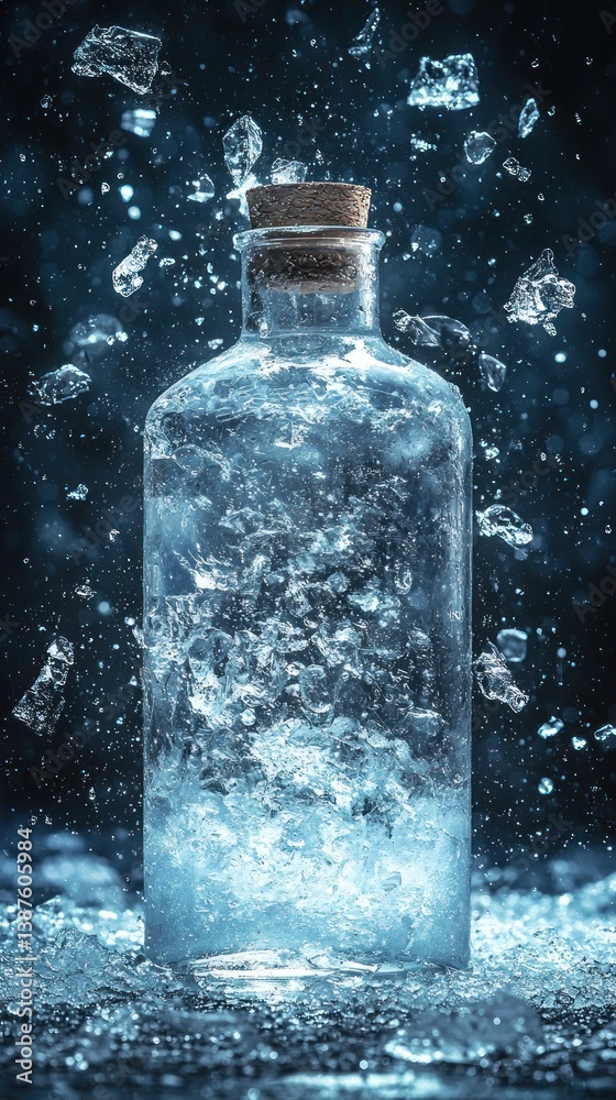 Frozen bottle of water surrounded by ice shards Frozen bottle of water surrounded by ice shards